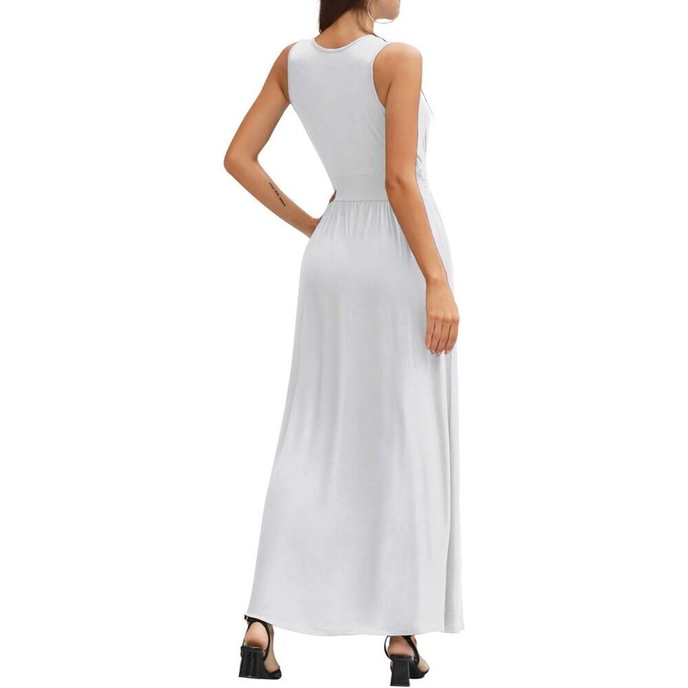 Women White Deep V Neck Sleeveless Loose Plain Long Maxi Stretchy Dress - Picture 6 of 6